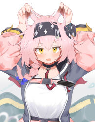 Rule 34 | 1girl, animal ear fluff, animal ears, arknights, arms up, black choker, black hairband, blush, braid, cat ears, cat girl, choker, collarbone, commentary request, goldenglow (arknights), grey jacket, hair between eyes, hair ornament, hairband, hairclip, hand on own ear, highres, infection monitor (arknights), jacket, lanyard, long sleeves, looking at viewer, medium hair, no nose, open clothes, open jacket, open mouth, pcaccount13, pink hair, pink sleeves, pulling own ear, shirt, side braid, single braid, solo, strap, t-shirt, upper body, white shirt, yellow eyes
