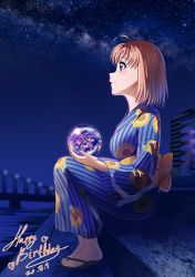 Rule 34 | 1girl, absurdres, artist name, artist request, back bow, barefoot, barefoot sandals (jewelry), blue kimono, blue sky, blush, bow, braid, breasts, bridge, city, cloud, day, feet, female focus, floral print, flower print, full body, highres, holding, japanese clothes, kimono, long sleeves, looking at viewer, looking to the side, love live!, love live! school idol festival, love live! sunshine!!, medium breasts, nail, nail polish, night, night sky, orange hair, outdoors, parted lips, pink nails, red eyes, sandals, short hair, side braid, sitting, sky, smile, solo, stairs, star (sky), striped clothes, striped kimono, takami chika, yellow bow, zakimpo
