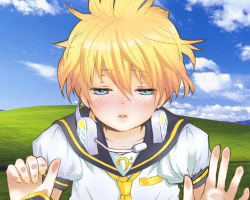 Rule 34 | 1boy, 778, against glass, bliss (image), blonde hair, blue eyes, blush, cloud, day, field, fourth wall, headset, incoming kiss, kagamine len, male focus, md5 mismatch, nail polish, necktie, sailor collar, sky, solo, vocaloid, wallpaper, yellow necktie