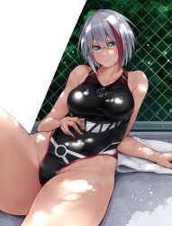 Rule 34 | 1girl, admiral graf spee (azur lane), alternate costume, aqua eyes, azur lane, breasts, chain-link fence, competition swimsuit, cross, fence, grey hair, groin, hand on own stomach, highleg, highleg swimsuit, highres, iron cross, looking at viewer, medium breasts, multicolored hair, one-piece swimsuit, oriue wato, reclining, shark print, streaked hair, swimsuit, thighs, towel, wet
