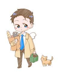 Rule 34 | 1boy, angel, bag, black hair, blue eyes, blue necktie, blush, castiel, chibi, coat, commentary, english commentary, feathered wings, full body, highres, holding, holding bag, kamicom, male focus, necktie, orange cat, short hair, simple background, solo, supernatural (tv series), trench coat, white background, wings
