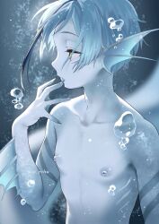 Rule 34 | 1boy, air bubble, aqua hair, aqua skin, aqua theme, bubble, closed mouth, colored skin, cowboy shot, fins, floyd leech, gills, grey nails, highres, looking to the side, male focus, merman, monster boy, pointy ears, rchu, scales, solo, topless male, twisted wonderland, underwater