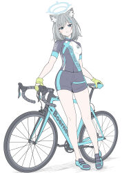 Rule 34 | 1girl, absurdres, animal ear fluff, animal ears, bicycle, bike jersey, black footwear, blue archive, blue halo, breasts, bright pupils, cross hair ornament, cycling uniform, full body, gloves, green gloves, grey hair, hair ornament, halo, highres, looking at viewer, masabodo, medium breasts, mismatched pupils, official alternate costume, shiroko (blue archive), shiroko (cycling) (blue archive), shoes, short hair, simple background, solo, standing, thighs, white background, white pupils