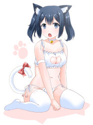 Rule 34 | 10s, 1girl, animal ears, bell, between legs, blue hair, blush, bow, bra, breasts, cat cutout, cat ear panties, cat ears, cat lingerie, cleavage, cleavage cutout, clothing cutout, collar, fang, hand between legs, jingle bell, kantai collection, looking at viewer, meme attire, mukaibi aoi, navel, neck bell, no shoes, open mouth, panties, short hair, side-tie panties, solo, souryuu (kancolle), tail, tail bow, tail ornament, twintails, underwear, underwear only, white legwear