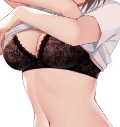Rule 34 | 1girl, black bra, bra, breasts, brown hair, cleavage, close-up, commentary, hands up, head out of frame, kamu (geeenius), lace, large breasts, medium hair, navel, original, shiny skin, shirt, short sleeves, simple background, solo, stomach, underwear, undressing, upper body, white background, white shirt