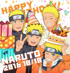 Rule 34 | 2016, 5boys, :d, absurdres, age progression, bad id, bad pixiv id, bandaged arm, bandages, birthday cake, blonde hair, blue eyes, boruto: naruto the movie, box, cake, candle, character name, dated, facial mark, food, forehead protector, gift, gift box, grin, happy birthday, hat, highres, jacket, manjimaru 369, multiple boys, multiple persona, naruto: the last, naruto (series), naruto shippuuden, one eye closed, open mouth, party hat, plate, smile, spiked hair, uzumaki naruto, v, whisker markings
