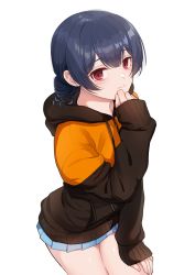 Rule 34 | 1girl, black hair, black hoodie, blue hair, blue skirt, closed mouth, commentary, cowboy shot, drawstring, half-closed eyes, hand on own thigh, hand to own mouth, hood, hood down, hoodie, idolmaster, idolmaster shiny colors, kamille (vcx68), long sleeves, looking at viewer, miniskirt, morino rinze, pleated skirt, purple eyes, short hair, simple background, skirt, smile, solo, standing, white background