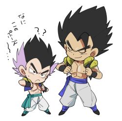 Rule 34 | 10s, 2boys, :/, adjusting clothes, age difference, bad id, bad twitter id, bidarian, black hair, chibi, dragon ball, dragon ball super, dragonball z, father and son, frown, full body, gogeta, gotenks, grin, height difference, male focus, multicolored hair, multiple boys, nipples, pants, purple hair, short hair, simple background, smile, spiked hair, spread legs, standing, stomach, sweatdrop, translation request, two-tone hair, v-shaped eyebrows, waistcoat, white background, white pants, wristband