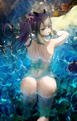 Rule 34 | 1girl, :3, absurdres, alternate hairstyle, ass, back, back focus, blush, commentary, completely nude, english commentary, fang, from above, from behind, highres, hololive, hololive english, long hair, looking at viewer, looking back, mole, mole under eye, ninomae ina&#039;nis, nude, open mouth, partially submerged, ponytail, purple eyes, purple hair, takodachi (ninomae ina&#039;nis), tentacle hair, virtual youtuber, vyragami, water