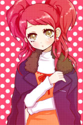 Rule 34 | 1girl, :o, atlus, blush, collarbone, fur trim, kujikawa rise, long sleeves, looking at viewer, lowres, parted lips, persona, persona 4, pinkmm, red hair, solo, swept bangs, twintails, yellow eyes