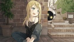 Rule 34 | 1girl, ahoge, between legs, black jacket, blonde hair, camisole, denim, green eyes, hand between legs, highres, indie virtual youtuber, jacket, jeans, leather, leather jacket, marty (salla.r), messy hair, nanoningen (anapoko), off shoulder, open mouth, outdoors, pants, plant, potted plant, robot, salla.r, stairs, torn clothes, torn jeans, torn pants, virtual youtuber