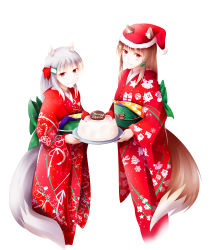 Rule 34 | 2girls, animal ears, blush, bow, brown hair, cake, christmas, christmas cake, commentary request, ears through headwear, english text, female focus, food, fudo shin, green bow, hair bow, hair ornament, hairclip, hat, highres, holding, holding cake, holding food, holding plate, holo, japanese clothes, kimono, long hair, looking at viewer, mother and daughter, multiple girls, myuri (spice and wolf), obi, plate, print kimono, red bow, red eyes, red hat, red kimono, santa hat, sash, shinsetsu spice and wolf, silver hair, simple background, smile, snowflake print, snowman print, spice and wolf, standing, tail, text focus, white background, wolf ears, wolf girl, wolf tail, yukata