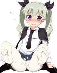 Rule 34 | 10s, 1girl, anchovy (girls und panzer), ass, blush, cum, cum on clothes, feet, girls und panzer, long hair, looking at viewer, open mouth, ponpon (tosico), shiny skin, solo, spread legs, white background