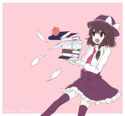 Rule 34 | 1girl, apple, book stack, bow, brown eyes, brown hair, character name, food, fruit, fuente, hair bow, hat, md5 mismatch, necktie, open mouth, resized, shirt, short hair, skirt, solo, touhou, usami renko