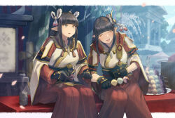 Rule 34 | 2girls, bench, black hair, blunt bangs, border, cherry blossoms, closed eyes, cup, dango, food, gloves, hair ornament, hakama, hinoa, holding, holding food, isono wataru, japanese clothes, long hair, minoto, monster hunter (series), monster hunter rise, multiple girls, on bench, open mouth, pants, plate, pointy ears, red pants, red sash, sash, sidelocks, sitting, tassel, tree, wagashi, white border, wide sleeves, yellow eyes
