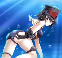 Rule 34 | 1girl, adjusting clothes, adjusting swimsuit, ass, asymmetrical hair, black gloves, black hair, blue one-piece swimsuit, brown eyes, bubble, framed breasts, from behind, gloves, hair between eyes, hat, headphones, highres, i-13 (kancolle), kantai collection, looking at viewer, looking back, one-piece swimsuit, partially fingerless gloves, sailor collar, school swimsuit, short hair, single glove, solo, swimsuit, tk8d32, underwater
