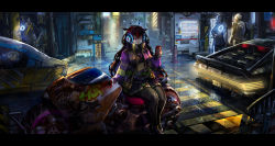 Rule 34 | 2boys, 2girls, absurdres, alternate costume, alternate universe, belt, black skirt, blue belt, blue skirt, breasts, car, cyberpunk, headphones, helmet, highres, holding, holding phone, hololive, hololive english, horns, irys (hololive), jacket, letterboxed, looking down, looking to the side, medium breasts, midriff, motor vehicle, motorcycle, multiple boys, multiple girls, multiple horns, navel, night, phone, purple eyes, purple jacket, science fiction, sitting, skirt, solo focus, tail lights, thick thighs, thighs, vending machine, virtual youtuber, vyragami