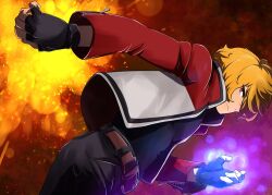 Rule 34 | 1boy, black shirt, blonde hair, electricity, fatal fury, fingerless gloves, garou: mark of the wolves, gloves, highres, jacket, ko akuman, leather, leather jacket, red eyes, rock howard, shirt