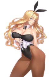 Rule 34 | 1girl, animal ears, arm behind back, bare shoulders, black pantyhose, blonde hair, blue eyes, breasts, brown pantyhose, choker, cleavage, contrapposto, corset, covered erect nipples, cowboy shot, damegane, detached collar, fake animal ears, hair intakes, hairband, hand up, highres, large breasts, leotard, long hair, looking at viewer, original, pantyhose, playboy bunny, rabbit ears, simple background, smile, solo, standing, thick thighs, thighs, underbust, victoria (damegane), wavy hair, white background, wrist cuffs