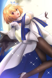 Rule 34 | 1girl, antenna hair, archetype earth, arcueid brunestud, black gloves, black pantyhose, blonde hair, breasts, clothing cutout, commentary request, detached sleeves, dress, fate/grand order, fate (series), flower, gloves, hair between eyes, hair flower, hair ornament, highres, large breasts, looking at viewer, moon, official alternate costume, open mouth, pantyhose, red eyes, smile, solo, tsukihime, tsukihime (remake), vent vert (kuuya), white dress, white flower, white sleeves, wide sleeves