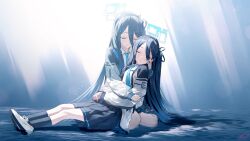 Rule 34 | &lt;key&gt; (blue archive), 2girls, absurdly long hair, android, aris (blue archive), black hair, black skirt, black socks, blew andwhite, blue archive, blue necktie, closed eyes, closed mouth, coat, commentary request, cradling head, dual persona, halo, highres, jacket, light rays, long hair, miniskirt, multiple girls, necktie, shallow water, shoes, skirt, smile, sneakers, socks, spoilers, tears, very long hair, water, white footwear, white jacket