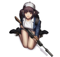 Rule 34 | 1girl, ak-47, ankle boots, assault rifle, bare legs, baseball cap, black eyes, black footwear, blue jacket, blunt bangs, boots, breasts, closed mouth, commentary, denim, denim jacket, dress, english commentary, from above, full body, grey hat, gun, hat, highres, holding, holding gun, holding weapon, jacket, jungon kim, kalashnikov, kalashnikov rifle, large breasts, long hair, long sleeves, looking at viewer, looking up, open clothes, open jacket, original, pink lips, purple hair, rifle, sidelocks, sideways hat, sitting, smile, solo, suppressor, twintails, wariza, weapon, white dress