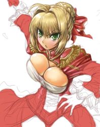 Rule 34 | 10s, 1girl, ahoge, amania orz, blonde hair, blush, breast press, breasts, cleavage, cleavage cutout, clothing cutout, fate/extra, fate (series), green eyes, hair bun, hair intakes, hair ribbon, holding, holding sword, holding weapon, huge breasts, looking at viewer, nero claudius (fate), nero claudius (fate) (all), nero claudius (fate/extra), ribbon, single hair bun, solo, sword, unfinished, weapon, white background