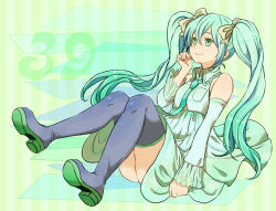 Rule 34 | 1girl, boots, bow, detached sleeves, dress, green eyes, green hair, hair bow, hatsune miku, jako, jako (rikuru-to), long hair, matching hair/eyes, necktie, sitting, skirt, solo, thigh boots, thighhighs, twintails, vocaloid