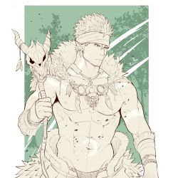 Rule 34 | 1boy, abs, animal skull, bara, bare pectorals, duplicate, green theme, headband, highres, loincloth, looking to the side, male focus, mature male, monochrome, muscular, muscular male, navel, necklace, nipples, pectorals, revealing clothes, short hair, sideburns, solo, spiked hair, stomach, tangaroa (housamo), tattoo, tokyo houkago summoners, tooth necklace, tribal, tribal tattoo, upper body, zifu