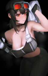 1girl bare_shoulders black_hair black_sports_bra breasts choker cleavage duplicate gloves goggles goggles_on_head grace_howard grease_(mechanical) hair_between_eyes highres limart midriff orange_eyes solo sports_bra sweat zenless_zone_zero zipper_top