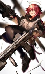 Rule 34 | 1girl, 360 (taiyo360), arknights, assault rifle, black gloves, black pantyhose, blush, commentary request, dual wielding, exusiai (arknights), fangs, fangs out, fingerless gloves, full body, gloves, gun, h&amp;k hk416, hair between eyes, halo, highres, holding, holding gun, holding weapon, jacket, looking at viewer, open mouth, orange eyes, pantyhose, red hair, rifle, short hair, skirt, smile, solo, weapon, white jacket