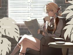 Rule 34 | 1girl, armchair, backlighting, black gloves, black vest, blonde hair, blue eyes, blunt bangs, blush, braid, brick wall, chair, closed mouth, commission, crossed legs, cup, dm owr, english text, fingerless gloves, girls&#039; frontline, gloves, grey shirt, hair intakes, hair ribbon, holding, holding cup, indoors, legwear garter, long hair, long sleeves, looking at viewer, newspaper, plant, ribbon, saucer, shirt, sidelocks, sitting, solo, striped clothes, striped shirt, table, teacup, vest, welrod mkii (girls&#039; frontline), window, window blinds