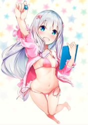 Rule 34 | 10s, 1girl, :d, aqua eyes, arm up, bikini, blush, bow, breasts, drawing tablet, eromanga sensei, feet, frilled sleeves, frills, groin, hair bow, highres, izumi sagiri, jpeg artifacts, legs, long hair, long sleeves, looking at viewer, navel, nylon (nylon 100%), open clothes, open mouth, pajamas, panties, pink bikini, pink bow, side-tie bikini bottom, side-tie panties, sideboob, silver hair, simple background, small breasts, smile, solo, star (symbol), starry background, stomach, string bikini, stylus, swimsuit, thigh gap, unbuttoned, underwear, white background