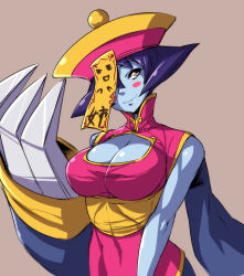 Rule 34 | 1girl, blue skin, blush stickers, breasts, capcom, chinese clothes, claws, cleavage, cleavage cutout, clothing cutout, colored skin, flipped hair, hat, jiangshi, large breasts, lei lei, nekomamire, ofuda, purple hair, qingdai guanmao, solo, vampire (game)