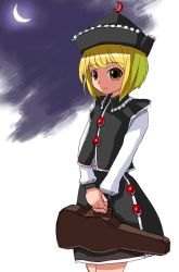 Rule 34 | 1girl, black skirt, blonde hair, blush, brown eyes, buttons, crescent moon, duplicate, female focus, guitar case, hat, hirosato, instrument case, long hair, looking at viewer, lunasa prismriver, moon, outdoors, own hands together, short hair, skirt, sky, solo, standing, tate eboshi, touhou, v arms, vest