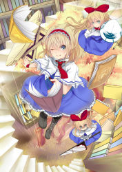 Rule 34 | 1girl, ;), alice margatroid, black pantyhose, blonde hair, blue eyes, blush, book, boots, bow, capelet, hair bow, hairband, highres, holding, looking at viewer, one eye closed, open book, pantyhose, polearm, revision, rimu (kingyo origin), shanghai doll, short hair, smile, solo, spear, touhou, weapon