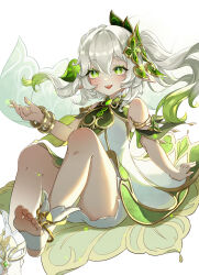 Rule 34 | 1girl, :d, absurdres, anklet, armlet, bracelet, dress, feet out of frame, floating hair, genshin impact, gradient hair, green eyes, green hair, hair between eyes, hamonji, highres, jewelry, long hair, looking at viewer, multicolored hair, nahida (genshin impact), open mouth, short dress, simple background, sleeveless, sleeveless dress, smile, solo, symbol-shaped pupils, white background, white dress, white hair