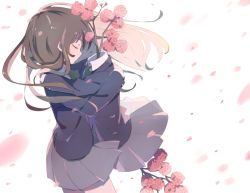 Rule 34 | 1girl, blue jacket, branch, brown hair, closed eyes, closed mouth, commentary request, falling petals, flower, flower request, from side, green neckwear, grey skirt, jacket, long hair, long sleeves, original, petals, pink flower, pleated skirt, profile, school uniform, simple background, skirt, solo, sou (tuhut), white background, wind, wind lift