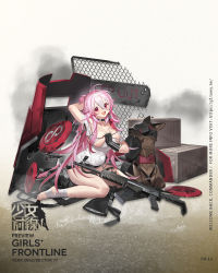 Rule 34 | 1girl, arm behind head, bahao diqiu, ballistic shield, bandaged leg, bandages, barefoot, black choker, blush, breasts, character name, choker, cleavage, collarbone, combat shotgun, commentary request, copyright name, dog, fo-12 (girls&#039; frontline), foot wraps, fostech origin-12, fostech outdoors, full body, girls&#039; frontline, gun, hair between eyes, hair ornament, hairclip, hand on breast, highres, large breasts, long hair, looking at viewer, no shoes, official art, on floor, open mouth, pink eyes, pink hair, promotional art, semi-automatic firearm, semi-automatic shotgun, shield, shield module, shirt, shotgun, simple background, smile, solo, teardrop, thighs, torn clothes, torn shirt, weapon, white shirt
