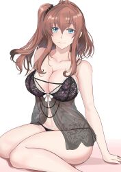 Rule 34 | 1girl, absurdres, arm support, babydoll, bare shoulders, breasts, brown hair, cleavage, collarbone, grey eyes, hair between eyes, highres, kantai collection, ken (shutenndouji1), large breasts, lingerie, looking at viewer, ponytail, saratoga (kancolle), seiza, side ponytail, sitting, smile, underwear, white background