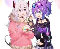 Rule 34 | 2girls, :d, absurdres, ahoge, bandaid, bandaid on face, bandaid on nose, birthday, black choker, black gloves, blue eyes, blue nails, breasts, candle, choker, cupcake, eyewear on head, fingerless gloves, food, fur trim, gloves, hair ornament, happy birthday, highres, hood, hoodie, horns, indie virtual youtuber, jacket, long hair, long sleeves, looking at another, medium breasts, melody (projektmelody), melody (projektmelody) (mel&#039;s hype), miniskirt, multiple girls, nail polish, neonbeat, open mouth, ponytail, purple eyes, purple hair, purple hoodie, purple jacket, round eyewear, skirt, smile, sunglasses, tail, vei (vtuber), vei (vtuber) (1st costume), virtual youtuber, vshojo, white hair, x hair ornament