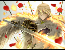 Rule 34 | 10s, 1girl, armor, blank stare, blonde hair, burning, claws, closed mouth, crown, expressionless, feathers, fingernails, fire, flower, kagari ayaka, letterboxed, looking at viewer, petals, rose, rose petals, sharp fingernails, siraha, solo, stomach, sword, weapon, white feathers, wings, witch craft works, yellow eyes