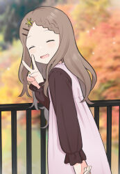 Rule 34 | 1girl, absurdres, aoba kokona, braid, closed eyes, commentary, dress, facing viewer, from side, hair ornament, hairclip, hand up, highres, light blush, light brown hair, long hair, long sleeves, meis (terameisu), open mouth, outdoors, pink dress, railing, smile, solo, turning head, upper body, v, yama no susume