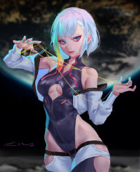 Rule 34 | 1girl, absurdres, bare shoulders, blue eyes, blurry, blurry background, bodysuit, breasts, commentary, cyberpunk, cyberpunk (series), cyberpunk edgerunners, cyborg, earth (planet), english commentary, expressionless, eyeliner, highres, jacket, leotard, liu2e3ing, looking at viewer, lucy (cyberpunk), makeup, medium breasts, multicolored hair, off shoulder, on moon, open clothes, open jacket, parted bangs, planet, red eyeliner, short hair, solo, thread, white hair