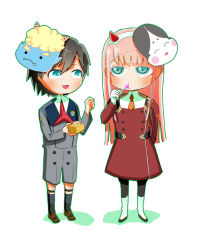 Rule 34 | 10s, 1boy, 1girl, black hair, black pantyhose, blue eyes, boots, brown footwear, candy, couple, darling in the franxx, food, green eyes, hair ornament, hairband, hiro (darling in the franxx), holding, holding candy, holding food, holding lollipop, horns, lollipop, long hair, looking at another, mask, mask on head, meyoketya09, military, military uniform, necktie, oni horns, orange neckwear, pantyhose, pink hair, red horns, red neckwear, shoes, short hair, socks, uniform, white footwear, white hairband, zero two (darling in the franxx)