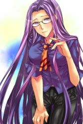 Rule 34 | 00s, 1girl, blush, breasts, casual, fate/stay night, fate (series), glasses, large breasts, long hair, medusa (fate), medusa (rider) (fate), naridon, necktie, purple eyes, purple hair, solo, very long hair