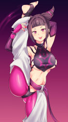 Rule 34 | 1girl, ass, black hair, bracelet, breasts, capcom, chamame, cowboy shot, drill hair, elbow gloves, eyeshadow, fingerless gloves, gloves, gluteal fold, groin tendon, han juri, highres, jewelry, large breasts, leg lift, leg up, makeup, nail polish, navel, purple background, purple eyes, red nails, smile, solo, spiked bracelet, spikes, stirrup legwear, street fighter, thong, toeless legwear, tongue, tongue out, twin drills