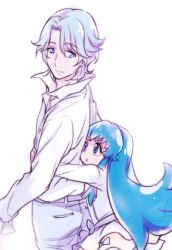 Rule 34 | 10s, 1boy, 1girl, blue (happinesscharge precure!), blue eyes, blue hair, chiyo (rotsurechiriha), denim, dress, eyelashes, happinesscharge precure!, happy, height difference, hetero, hug, jeans, long hair, looking back, looking down, pants, precure, shirayuki hime, shirt, short hair, simple background, size difference, smile, standing, tareme, very long hair, white background, white dress