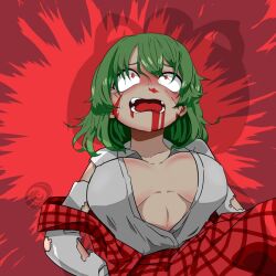 Rule 34 | 1girl, blood, blood from mouth, breasts, collared shirt, commentary request, constricted pupils, cuts, green hair, hair between eyes, injury, kazami yuuka, large breasts, long sleeves, looking afar, open clothes, open mouth, open shirt, plaid, plaid skirt, plaid vest, red background, red eyes, red skirt, red vest, rinyamame, scared, shirt, short hair, skirt, solo, tearing up, torn clothes, torn shirt, touhou, upper body, vest, white shirt