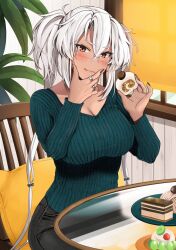 Rule 34 | 1girl, alternate costume, black nails, breasts, cake, cleavage, commentary request, cushion, dark-skinned female, dark skin, denim, eating, food, green sweater, grey hair, hair between eyes, highres, holding, holding food, indoors, jeans, jewelry, kantai collection, large breasts, licking lips, long bangs, long hair, looking at viewer, multiple rings, musashi (kancolle), on chair, pants, plant, ribbed sweater, ring, round table, semi-rimless eyewear, sitting, solo, sweater, table, tongue, tongue out, twintails, wedding ring, window, yunamaro